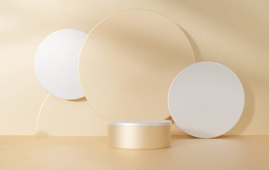 Altın podyum rengi 3 boyutlu arka plan geometrik şekiller dairesi, bir kattaki kaide eğri duvar ürün sunumu için platform, stüdyo odası, fotokopi alanı,