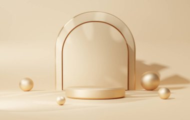 Geometrik şekilli üç boyutlu resimleme sahnesi altın rengi arka plan, bir katın kaidesi, arkası eğri bir duvar şekli, küçükten büyüğe gradyan, kozmetik ürün sunumu platformu