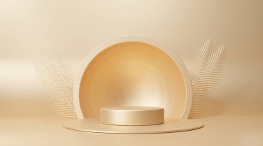 Altın podyum rengi 3 boyutlu arka plan geometrik şekiller dairesi, bir katta kaidesi boş çarpık duvar ürün sunumu için platform minimal biçim, kopyalama alanı, görüntüleme