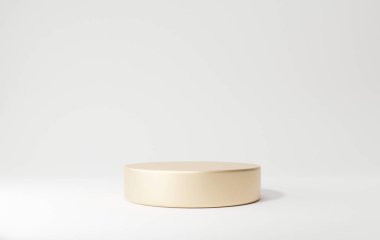 Geometrik şekilli daireye sahip altın boş podyum, tek katlı kaide eğimli duvar ürün sunumu platformu minimal kozmetik bileşim beyaz zemin, 3d görüntüleme