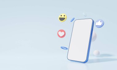 Akıllı telefon beyaz ekran boş ve emojili sosyal medya konsepti, gülümse, yumuşak mavi arka plan platformu hakkında yorum yap dijital olarak en düşük seviyede iletişim kur. 3d oluşturma
