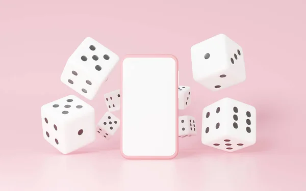 Rendering White Dice Minimal Style Floating Smartphone Touch Screen Blank — Stock Photo, Image