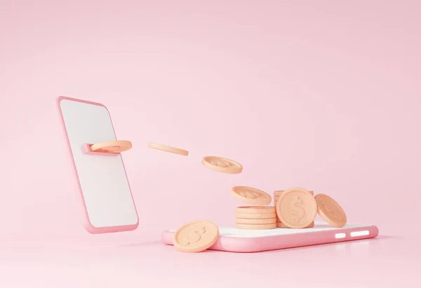 Geld Overschrijving Online Concept Toepassing Internet Banking Smartphone Roze Pastel — Stockfoto