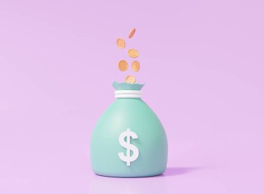 Sikkeler yeşil çanta para ikonu içinde yüzer. İş yatırımı, para biriktirme konsepti. Pastel mor arka planda. 3 Boyutlu resimleme