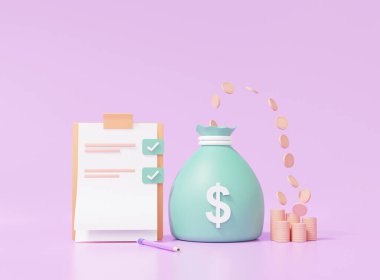 Kağıt üzerinde kontrol listesi ve para çantası yeşil. Kene kontrolü doğru kazanç Finans tasarruf para konsepti. Mor pastel arkaplanda çizgi film biçimi minimal, kopyalama alanı, 3 boyutlu resimleme 