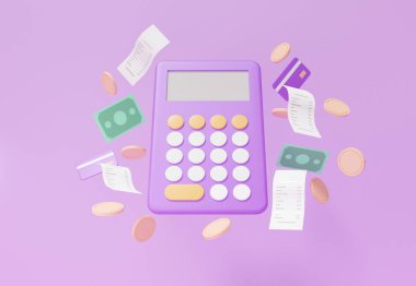 3D render Calcucator ve temel matematik operasyon sembolleri matematik ve banknotlar para yüzüyor. ödemeli internet bankacılığı Mor arkaplan karikatür biçimi illüstrasyonu