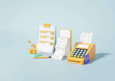 Pano kağıdı ve akıllı telefondaki 3D görüntüleme listesi, Kart ödeme POS terminali. Fatura Para aktarımları mavi gökyüzü arka planı alışveriş konsepti çevrimiçi ödemeler için doğru kontrol