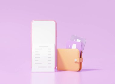 Çevrimiçi ödeme sistemi kredisi veya banka kartı cüzdanı konsepti İnternet üzerinden finansal işlemler Tüm dünyada bağlantı, nakit, mor arkaplan minimal biçimi, 3D görüntüleme