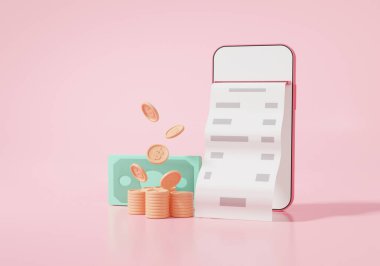 Kredi kartı konseptiyle çevrimiçi ödemeler. Fatura transferini akıllı telefondan göster. Finansal işlemler internet üzerinden. Dünyanın her yerine bağlan. Pembe arkaplan, 3D görüntüleme