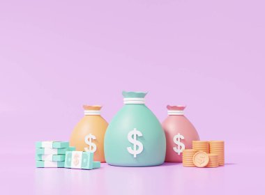 Para karikatürü tarzı üç para çantası ikonları banknotlar ve sikkeler iş yatırımları, finans tasarruf kavramı. Mor pastel arkaplan, kopyalama alanı, 3 boyutlu resimleme 