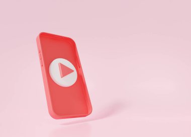 Mobil konsept üzerinde video pazarlama kırmızı, sosyal medya minimal biçimi pembe arkaplan, pankart, web sitesi, kopyalama alanı, 3d oluşturma