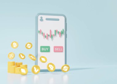 Akıllı telefon, alım-satım, bilgi alışverişi, değiş tokuş finansal yatırım konsepti yumuşak mavi arkaplan 3D resimleme