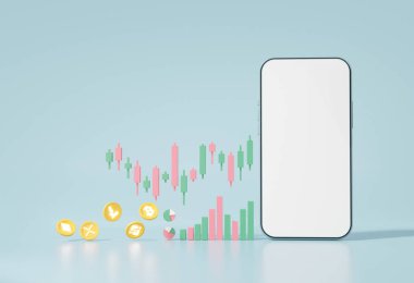 3D Crypto para birimi ticaretini akıllı telefon, alım-satım, bilgi alışverişi, finansal yatırım tüccarı konseptini yumuşak mavi arkaplan illüstrasyonuna uyarla