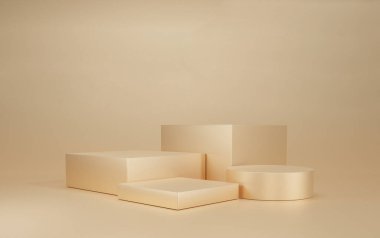 3 boyutlu, geometrik şekilli altın arkaplan, yerde kare kutu dört podyum. Ürün sunumu için platform, diaplay Soyut bileşim tasarımı, vitrin, kaide, sahne, diskalifiye, kopyalama alanı