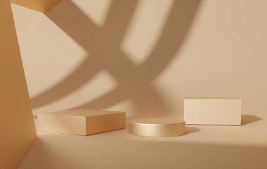 Altın sahne boş podyum rengi. Geometrik şekilli daire, üç katlı kaide. Ürün sunumu için eğimli duvar platformu.