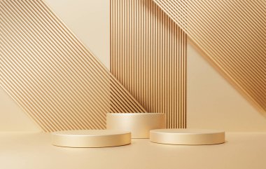 Geometrik şekilli üç boyutlu altın rengi arkaplan, üç katlı kaide boş, çember duvar şekli, küçükten büyüğe gradyan, sahne ürünü sunumu için platform bileşimi