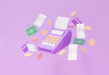 Kart ödeme terminali yüzen, banknotlar, bozuk paralar, kredi kartı, yumuşak mavi arka planda online alışveriş ödeme konsepti. 3d oluşturma