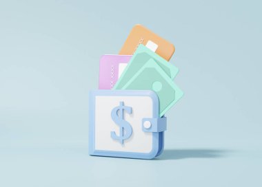 Açık bankamatik ile dolar cüzdan simgesi kavramı, kredi kartı Finans tasarruf Online ödeme alışveriş yatırım izole gök mavi arka plan, afiş, 3d resimleme