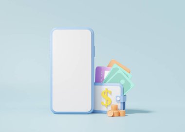 Mobil Çevrimiçi ödeme sistemi kredisi veya banka kartı cüzdanı konsepti İnternet üzerinden finansal işlemler Tüm dünyada bağlantı, nakit para, gökyüzü mavi arka plan minimal biçimi, 3D oluşturma
