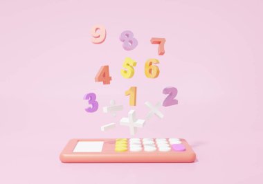 Calcucator ve temel matematik işlemleri matematiği sembolize eder, artı, eksi, çarpma, pembe arka planda sayı bölme. Matematik öğrenme finansal eğitim konsepti. 3d oluşturma