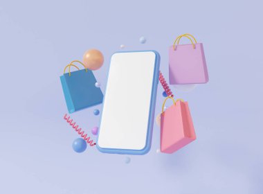 İnternetten alışveriş konsepti. Akıllı telefon beyaz ekran ve mor pastel arka planda yüzen alışveriş çantası minimal stil, indirimli promosyon satışı, afiş sitesi. 3d biçimlendirme hastalığı