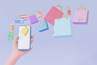 Çizgi film Hand online akıllı telefon alışverişi yapıyor. Mor renkli arka planda yüzen bir alışveriş çantası, indirimli promosyon indirimi, afiş sitesi. hastalıklar