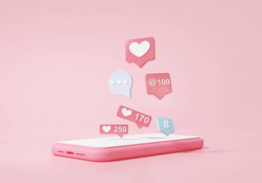 Dijital pazarlama sosyal medya konsepti, bildirim sohbeti, yorum, iletişim, pembe arkaplan, pankart, web sitesi, 3d yorumlama
