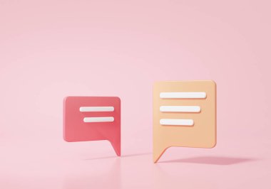 3D sohbet simgesini görüntüle veya sosyal medya çevrimiçi konseptini görüntüle sohbet, mesaj, mesaj, iletişim, pembe arkaplan, pankart, kopyalama alanı ile dijital olarak en aza indir