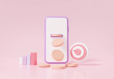 3D çevrimiçi ödemeler için planlanmış işlem hedef planlama konseptine aktarılıyor. ödemeli internet bankacılığı pembe arkaplan karikatür biçimi illüstrasyonu