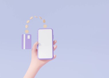 Çevrimiçi ödeme sikkeleri ve kredi kartı akıllı telefon beyaz ekran işlem konseptinde yüzüyor. Mor arka plan çizgi film tarzında internet bankacılığı ödemesi. resimleme