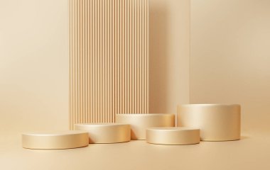 Geometrik şekilli altın rengi ürün arka planı, beş katlı kaidesi boş, daire şeklindeki duvar şekli, küçükten büyüğe eğimli, sunum için platform bileşimi, 3D 
