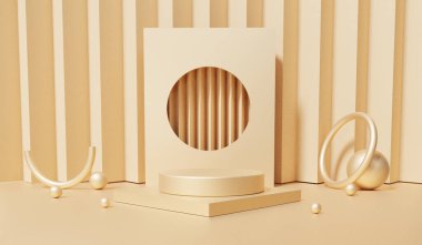 Lüks sahne boş podyum altın rengi geometrik şekilli 3D arkaplan, ürün sunumu için iki katlı platform, kozmetik, indirimli, kopya alanı, vitrin, görüntüleme