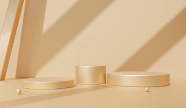 Altın podyum minimal sahne üç kaide geometrik gölgeler gradyanı küçükten büyüğe, kozmetik ürün sunumu için platform kompozisyonu, 3D görüntüleme