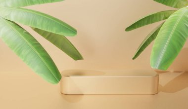 Altın doğa sahnesi ve muz yaprağı boş podyum rengi geometrik şekiller çemberiyle üç boyutlu arka plan, bir kattaki kaidesi kıvrımlı duvar platformu sunumu kozmetik,