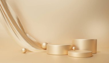 Altın lüks sahne boş podyum renk arkaplanı geometrik şekiller çemberi, üç katlı kaidesi, vitrin sunumu için eğimli duvar platformu, kompozisyon, kozmetik, 3D görüntüleme