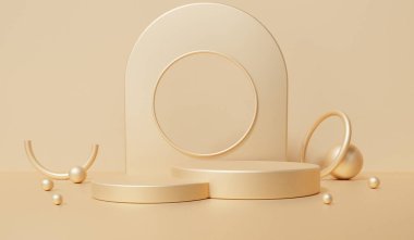 Geometrik şekillere sahip soyut minimal altın 3d arkaplan, iki katta kaidesi boş, küçükten büyüğe gradyan, kozmetik ürün sunumu için platform bileşimi gösterimi