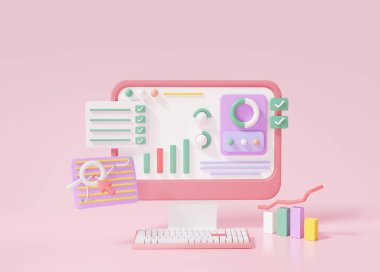 Minimum tarz Arama Motoru İyimserleştirmesi veya SEO pazarlama konsepti. büyüme web analizleri pembe pastel arkaplan, pankart, üç boyutlu resimleme üzerinde anahtar sözcük bilgi bilgisayarı aracılığıyla aramaya tıklıyor
