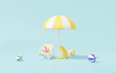 Top yüzen plaj şemsiyesi Minimum çizgi film arka planı koltukta gerçekçi, yaz promosyon konsepti, afiş, web sitesi. Bağlantı mavisi arka plan. 3B illüstrasyon