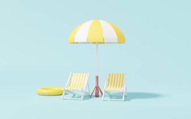 Yaz tatili arka plan şemsiyesi sandalyede gerçekçi illüstrasyon, yaz promosyon indirimi, afiş, web sitesi. Gökyüzü mavisi arka plan. 3B resimleme