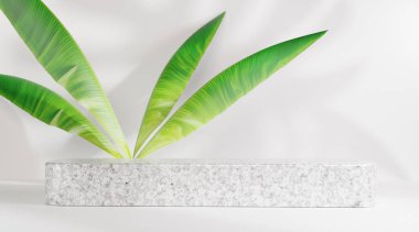 Muz yaprakları podyum mermer terrazzo sahne arka planında geometrik, iki katlı kaide eğimli duvar platformu sunumunu minimal, 3D görüntüleme