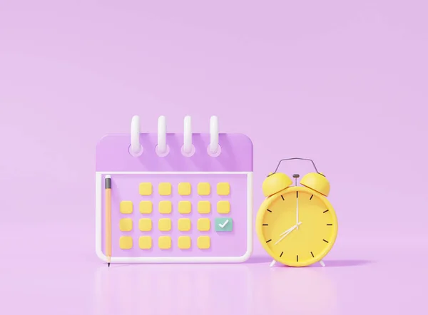 Calendar icon symbol and alarm clock yellow minimal cartoon style design. Day month year time marked pencil concept. on purple background. website banner. 3d rendering