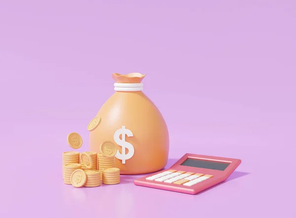 Financial transactions. transactions for Cost reduction saving concept , calculator, bags money, purple background minimal style. banner . 3d rendering