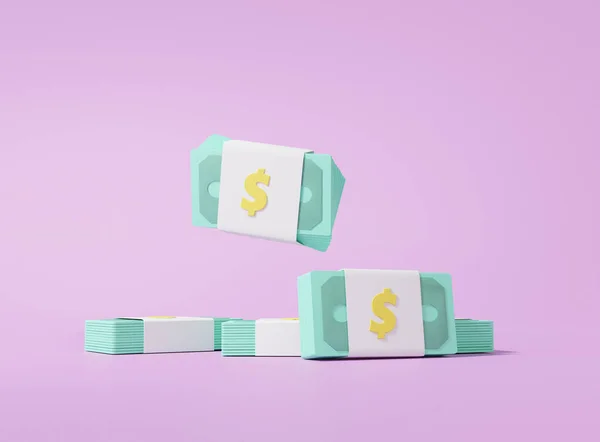 Vykreslování Bankovky Dolar Zelené Cash Stohy Purple Pastel Pozadí Peníze — Stock fotografie