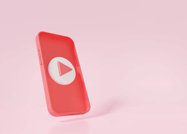 手机视频营销概念媒体播放器红色 社交媒体最小风格飘扬在粉色背景 复制空间 3D渲染 — 图库照片