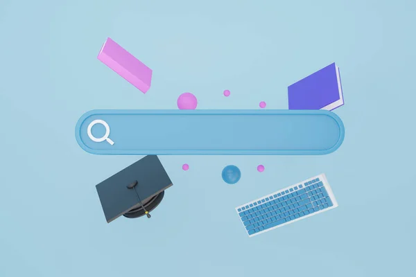 Graduation Cap Und Buch Suchleiste Bildung Online Konzept Blauer Hintergrund — Stockfoto