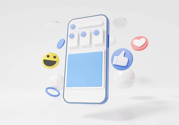 Sosiaalisen Median Online Konsepti Älypuhelin Kelluva Digitaalinen Markkinointi Show Emoji — kuvapankkivalokuva