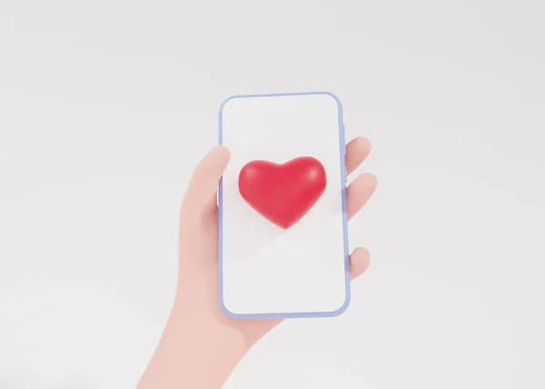 Hand holding smartphone red heart health care online concept. love organ Giving love to your family white background, banner, website, 3D render illustration cartoon style