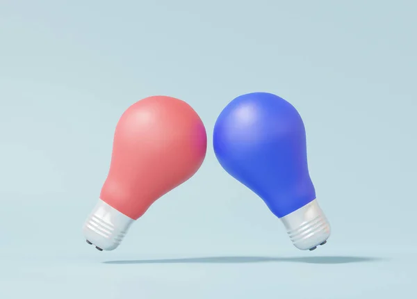 Red vs blue light bulb on soft blue pastel background colors. competition of ideas, competitor concept , invention, isolated. 3d render illustration