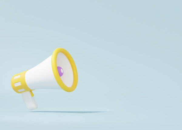 Yellow megaphone Minimal cartoon style, amplifier communication concept. on  sky blue background. loudspeaker announce, copy space. 3d render illustration.