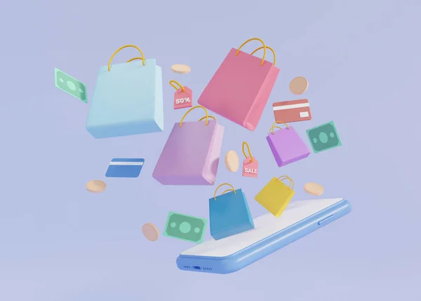Render Shopping Online Smartphone Concept Shopping Bag Money Floating Purple — Stock Photo, Image